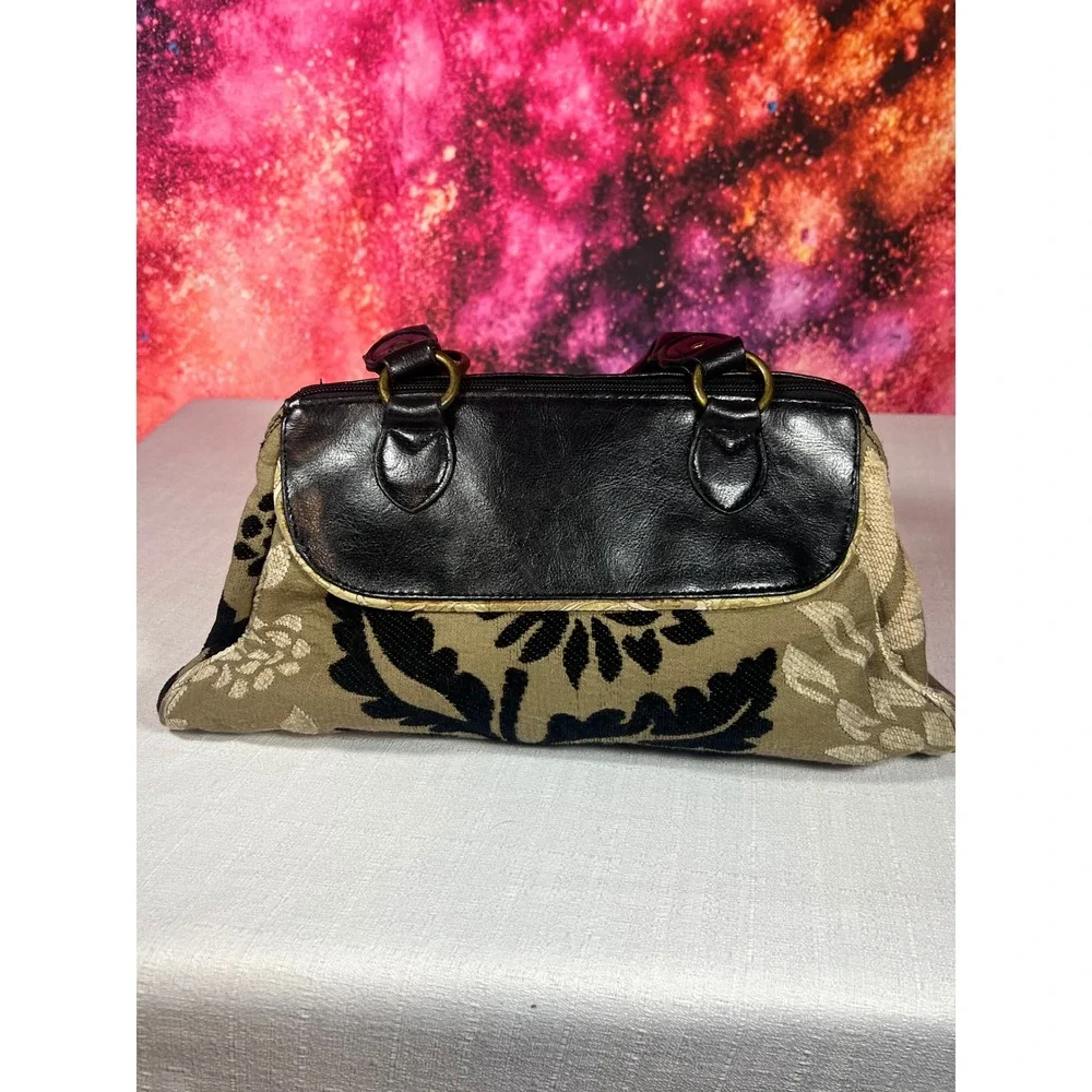 Maggie B Satchel Handbag Olive Green Black Tapestry Floral Studded Faux Leather